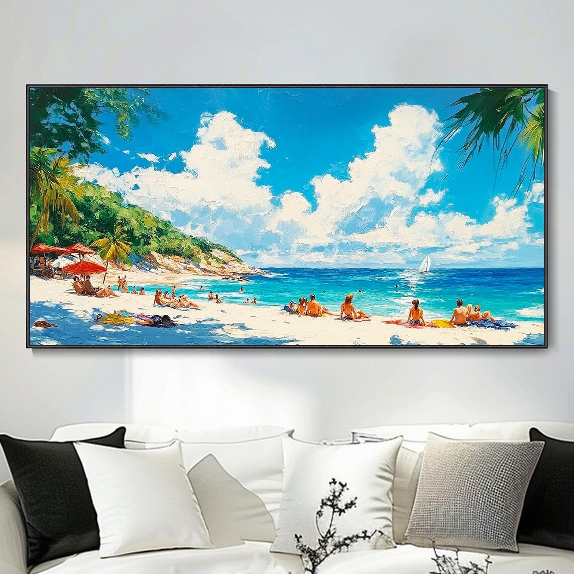 Tropical Beach Sunbathers Palm Trees Sailboat Ocean Art Poster