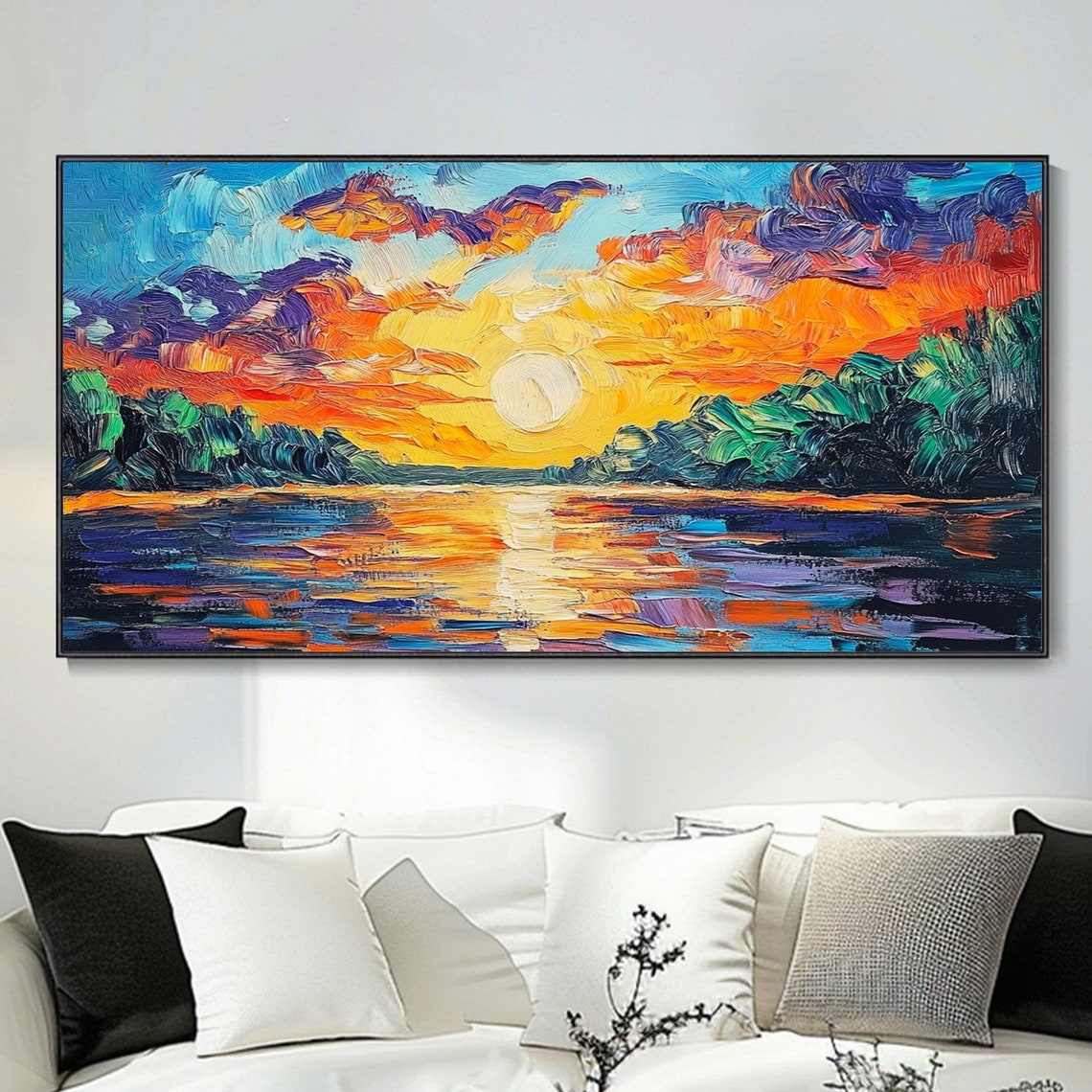 Vibrant Sunset Over Lake Dramatic Clouds Reflection Art Poster