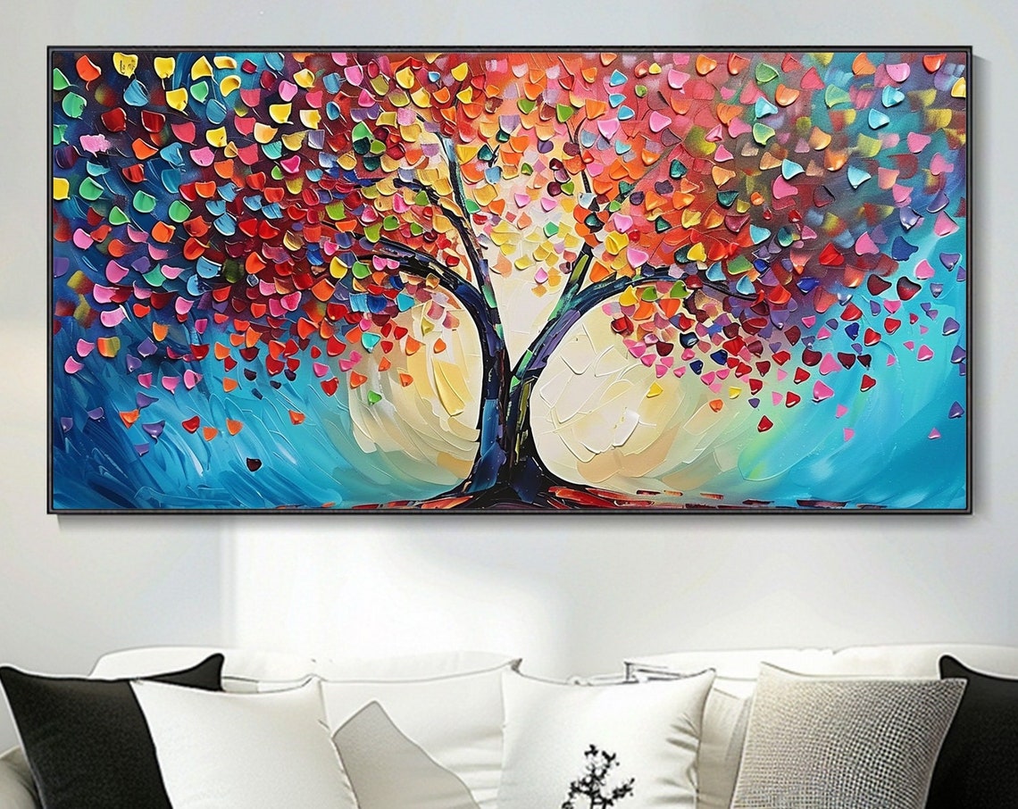 Rainbow Heart Leaf Tree Teal Background Palette Knife Art Poster