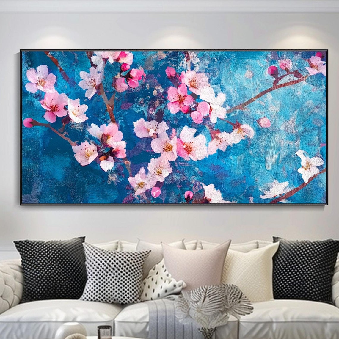 Pink Cherry Blossom Branch Deep Blue Impasto Floral Art Poster
