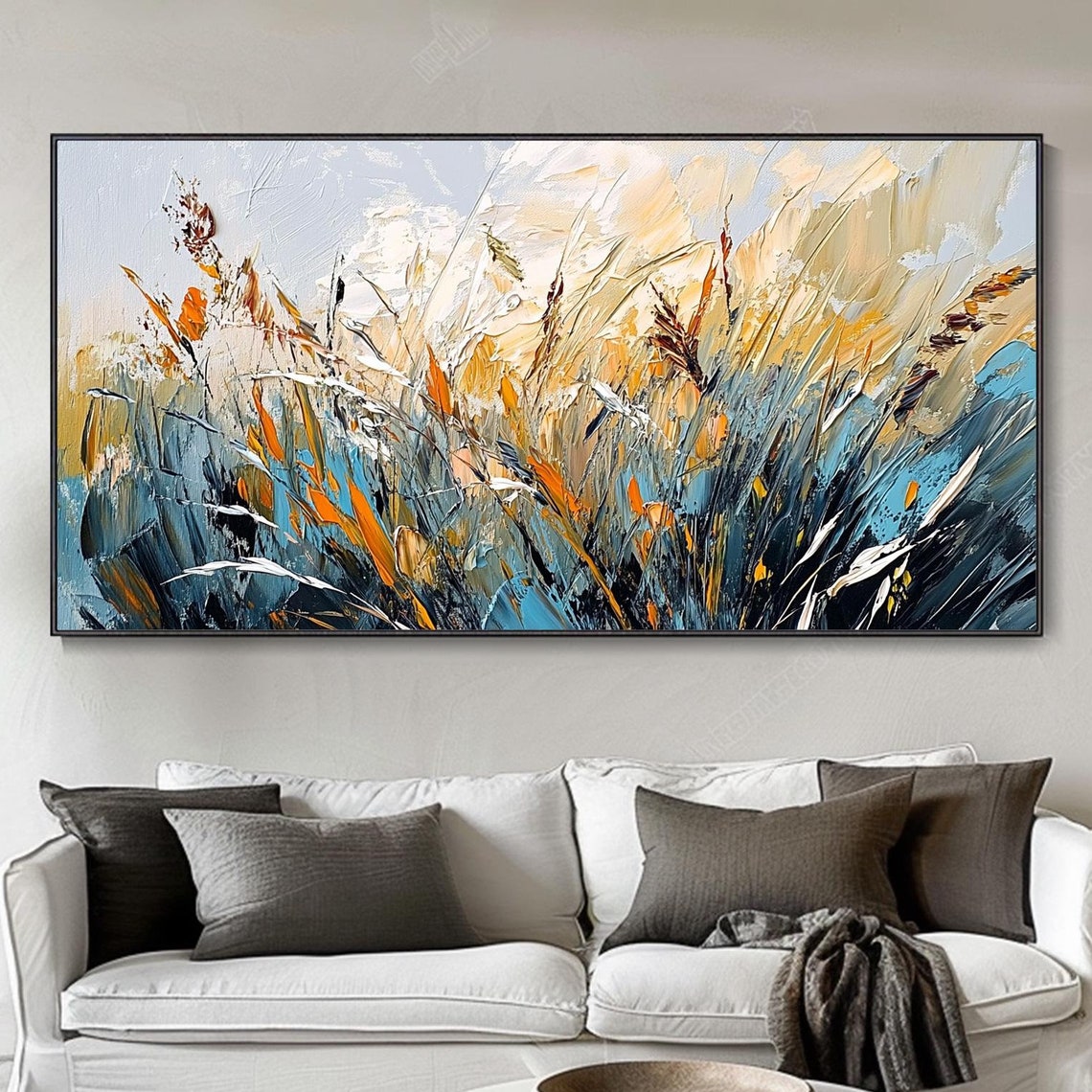 Teal Gold Windswept Grass Meadow Impasto Dynamic Modern Poster