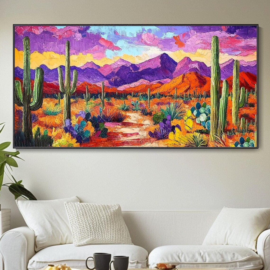 Vibrant Saguaro Desert Purple Mountains Wildflower Impasto Art Poster - Image 5