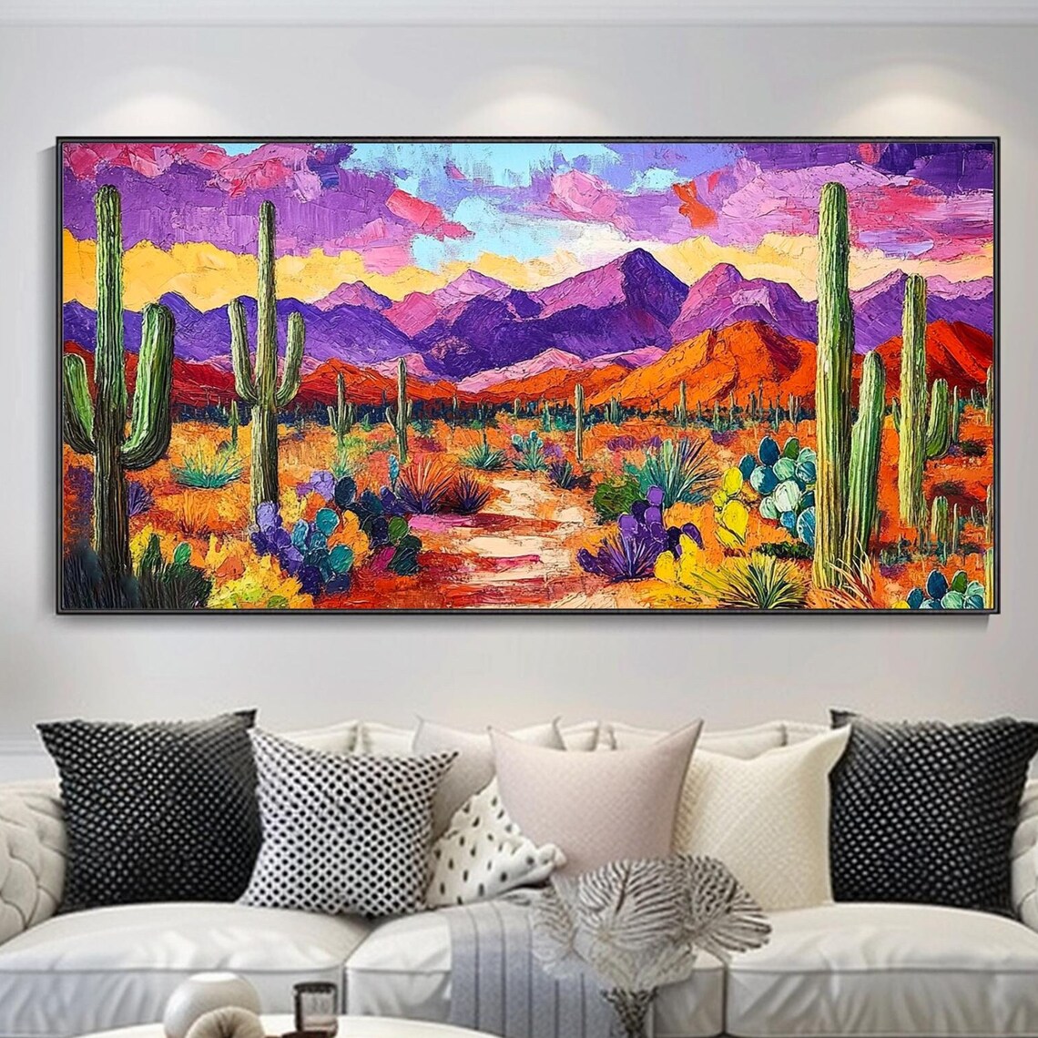 Vibrant Saguaro Desert Purple Mountains Wildflower Impasto Art Poster