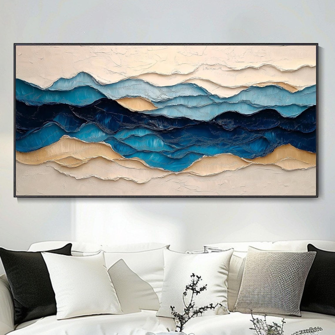 Navy Blue Abstract Ocean Waves Sand Tones Impasto Art Poster
