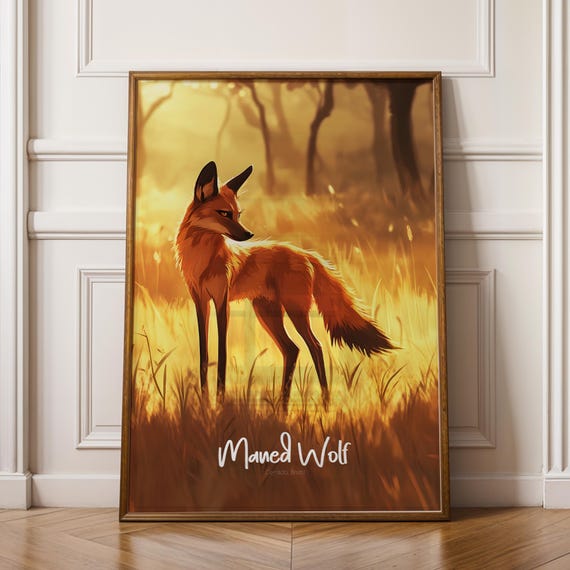 Maned Wolf Wildlife Poster Nature Art Print For Home Office
