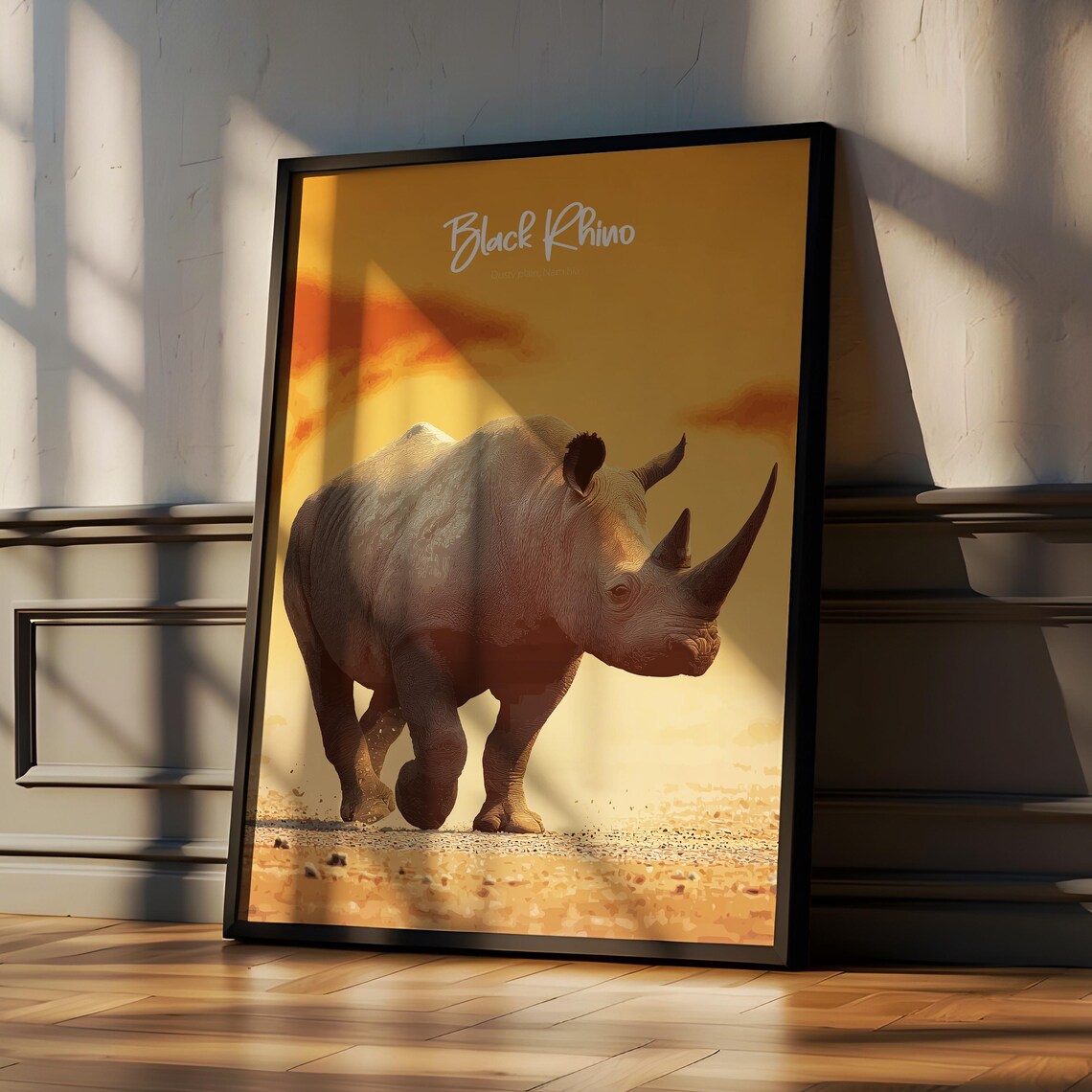 Black Rhino at Golden Sunset Dusty Plains Wildlife Art Poster