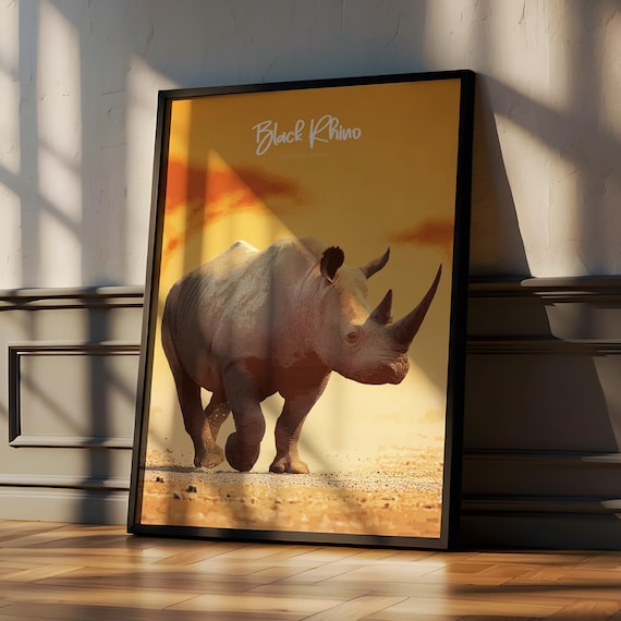 Black Rhino at Golden Sunset Dusty Plains Wildlife Art Poster