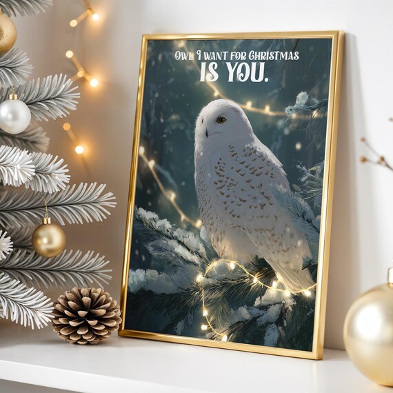 Cute Owl I Want For Christmas Is You Snowy Holiday Pun Poster