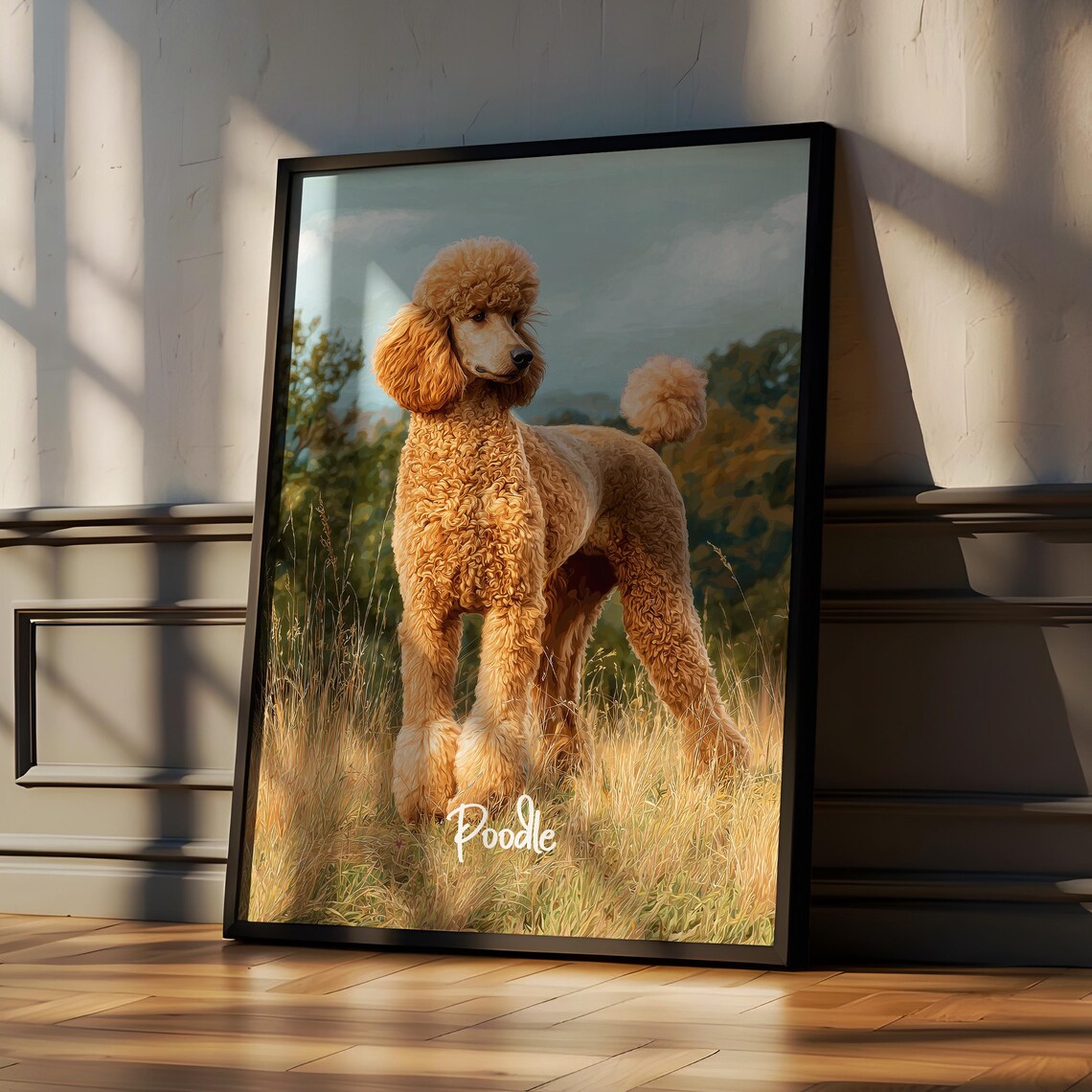 Elegant Apricot Poodle Standing Golden Meadow Dog Breed Wall Art