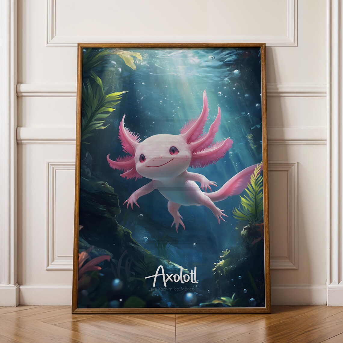 Axolotl Art Print, Cute Aquatic Animal Nursery Decor