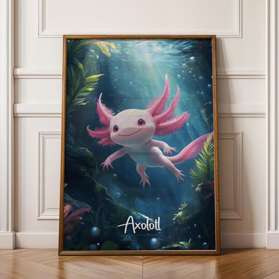 Axolotl Art Print, Cute Aquatic Animal Nursery Decor