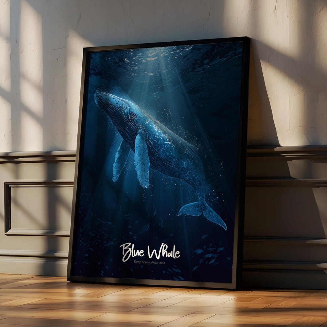 Blue Whale Gliding Gracefully Through the Deep Dark Ocean Poster