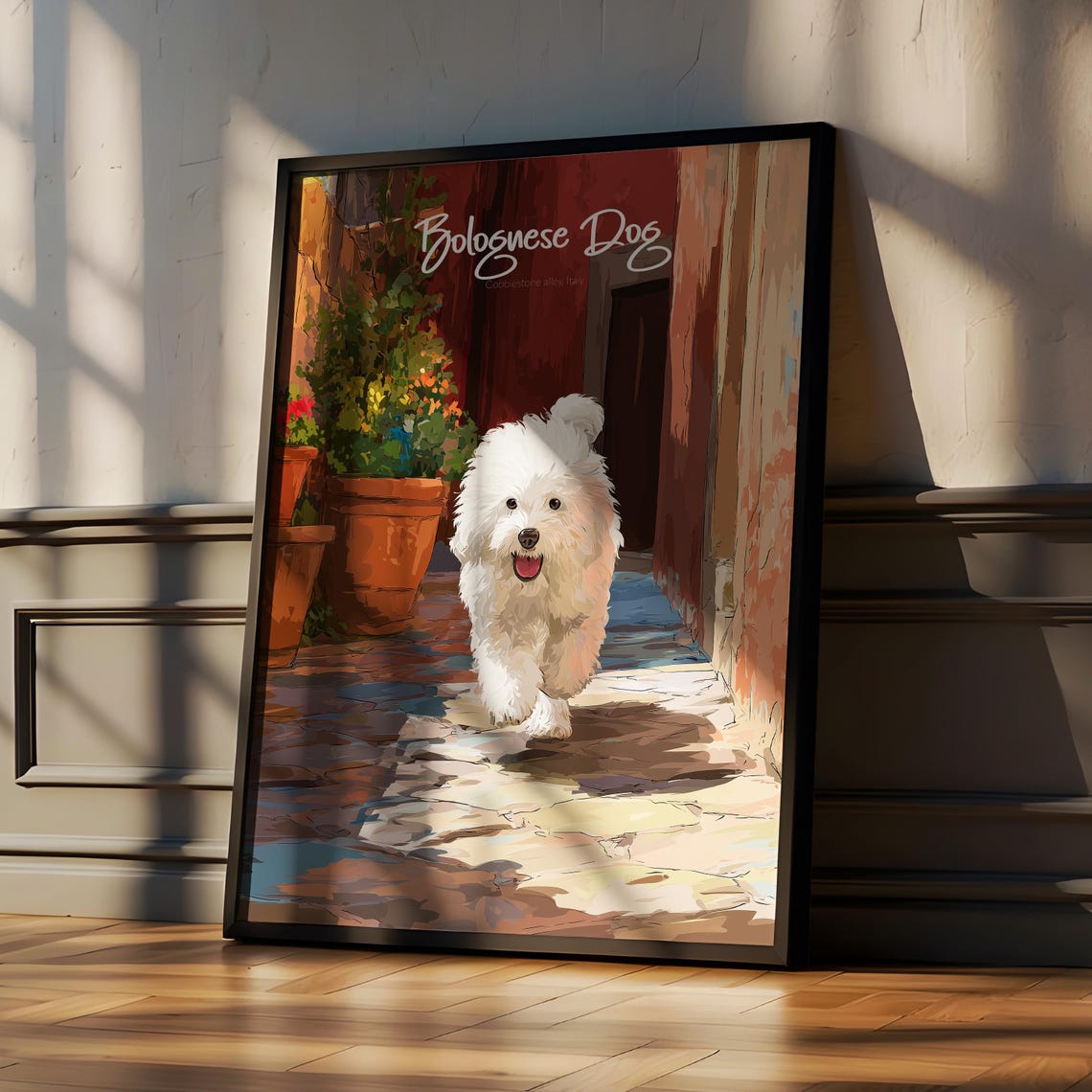 Bolognese Dog Running Cobblestone Alley Italy Pet Art Poster