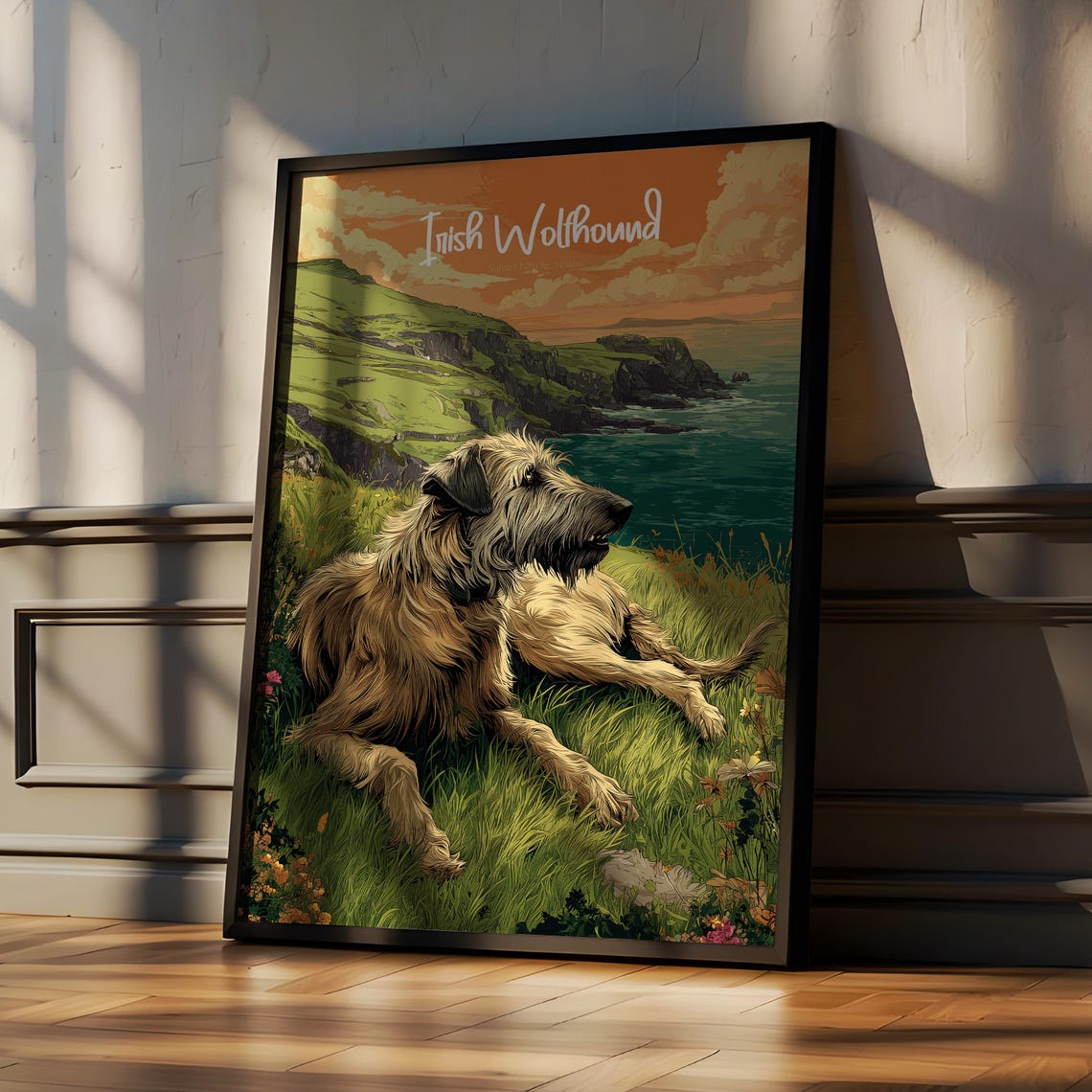 Irish Wolfhound Resting Above Green Coastal Cliffs At Sunset Poster