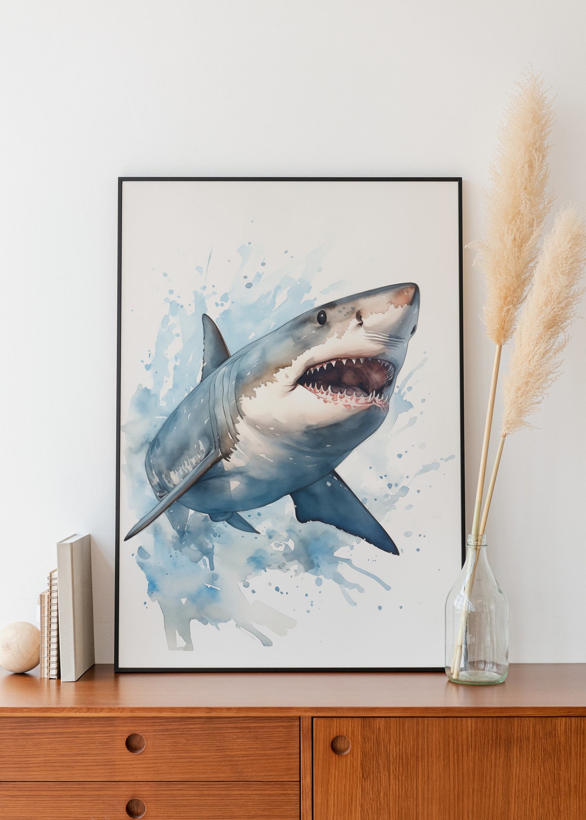 Great White Shark Smiling Watercolor Ocean Wildlife Wall Art - Image 3
