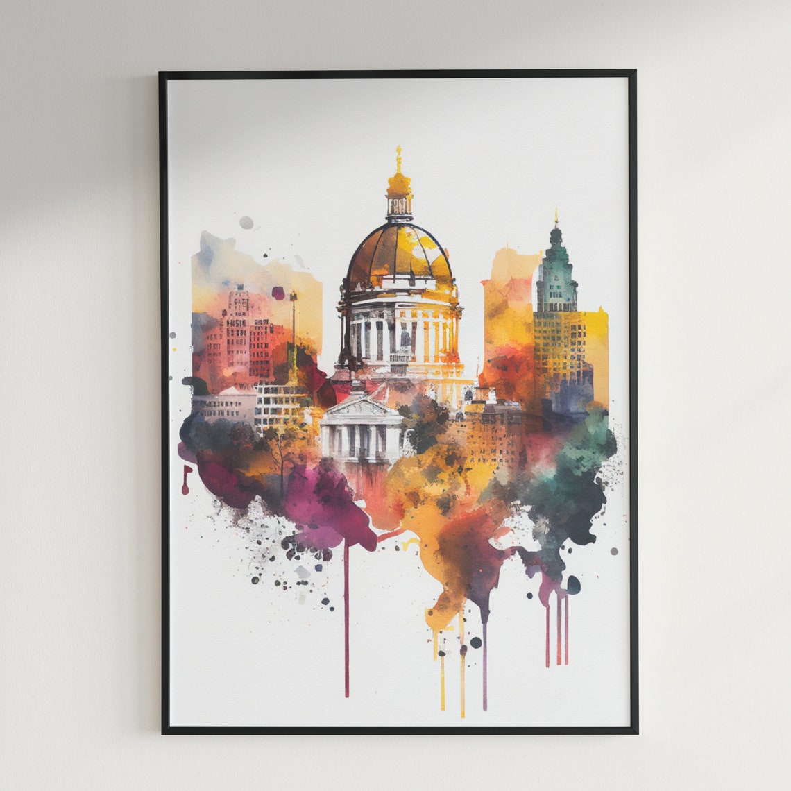 Historic Capitol Building Watercolor City Skyline Art Poster - Image 3