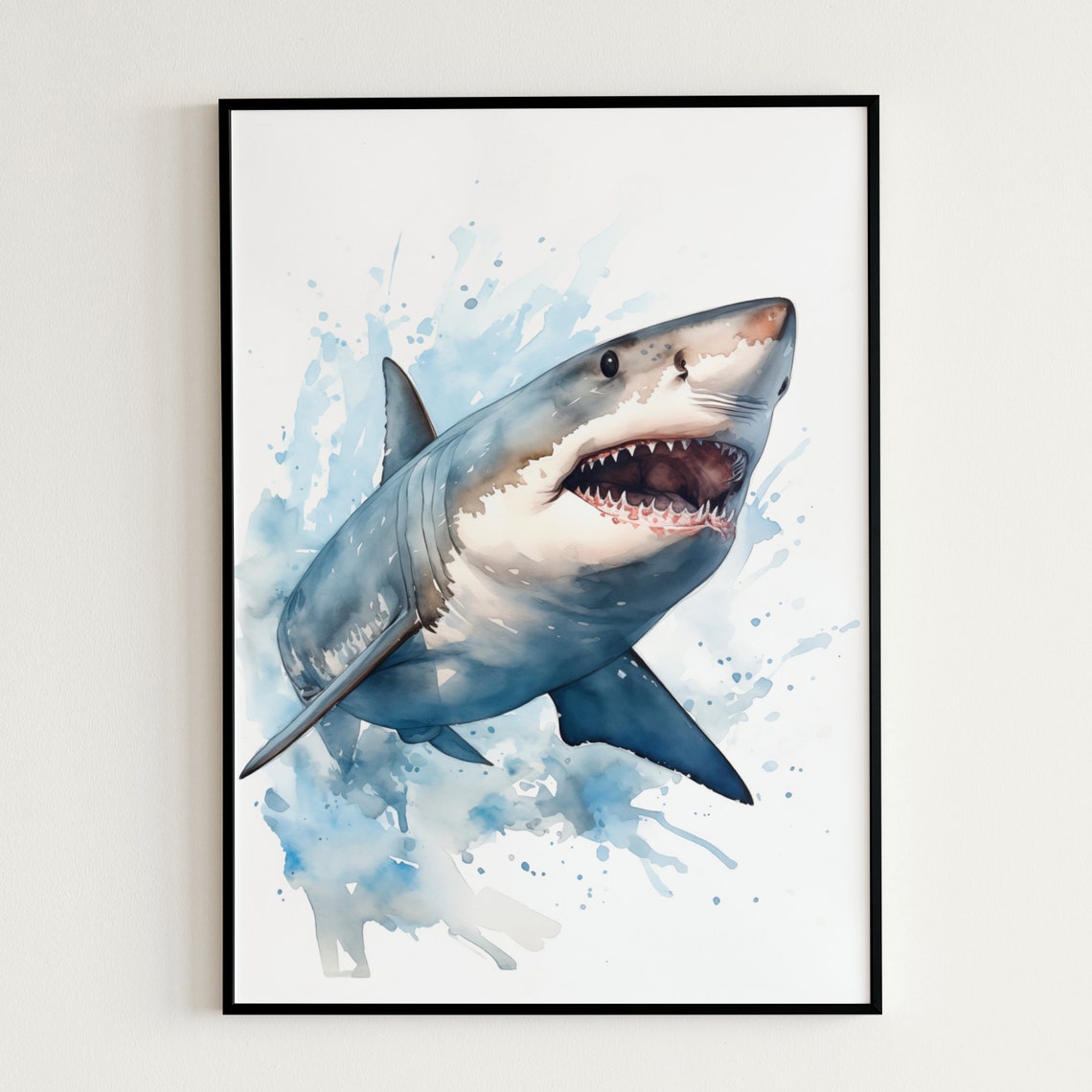 Great White Shark Smiling Watercolor Ocean Wildlife Wall Art