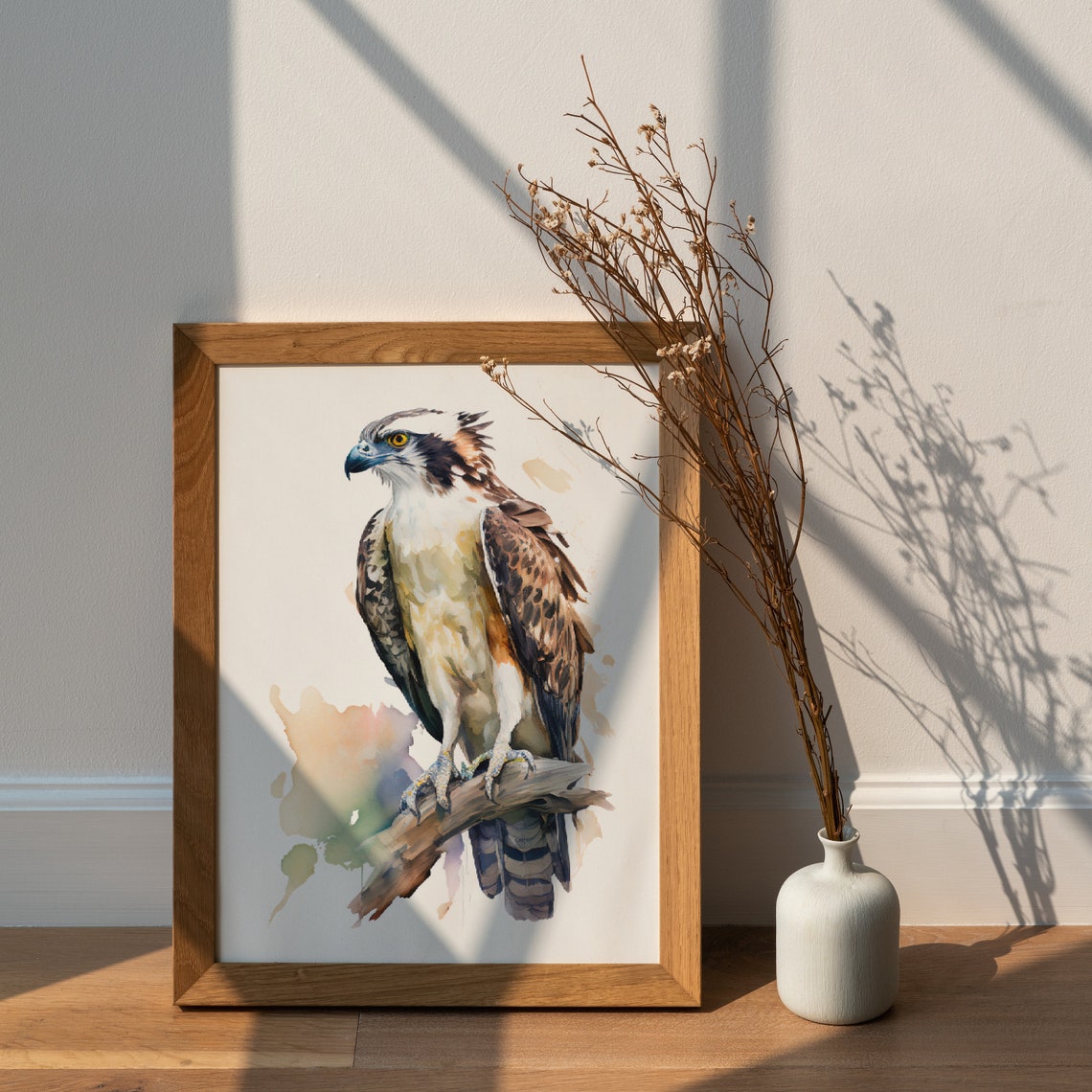 Osprey Perched on Branch Watercolor Sea Hawk Raptor Bird Wall Art - Image 3