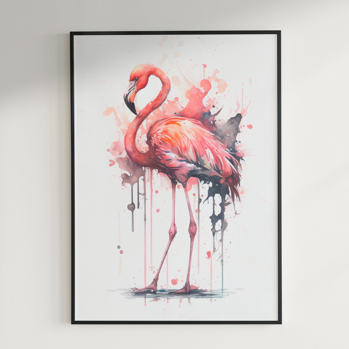 Pink Flamingo Tropical Watercolor Bird Painting Splash Wall Art - Image 2