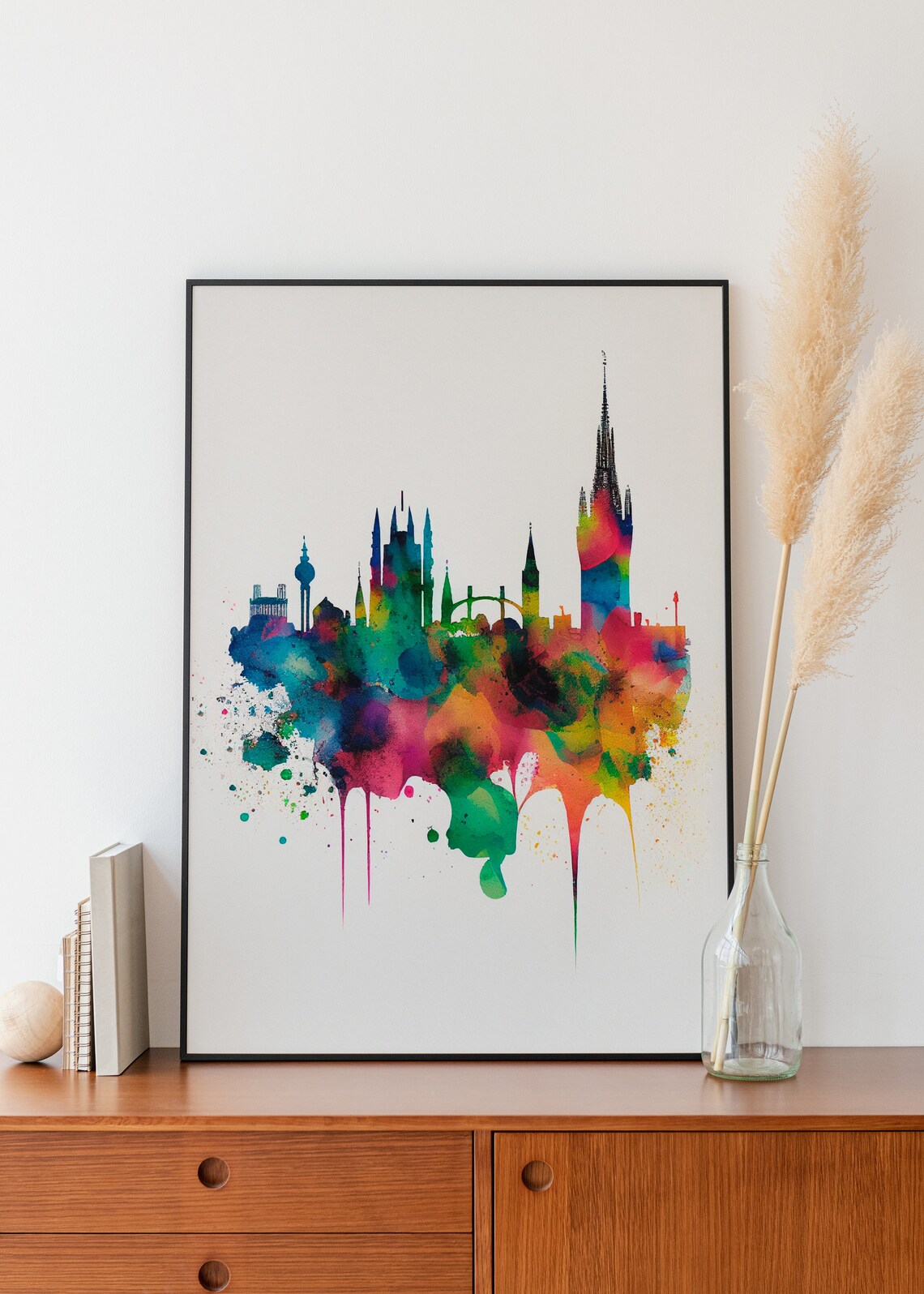 Old Town Church Spires Colorful Watercolor Skyline Art Poster