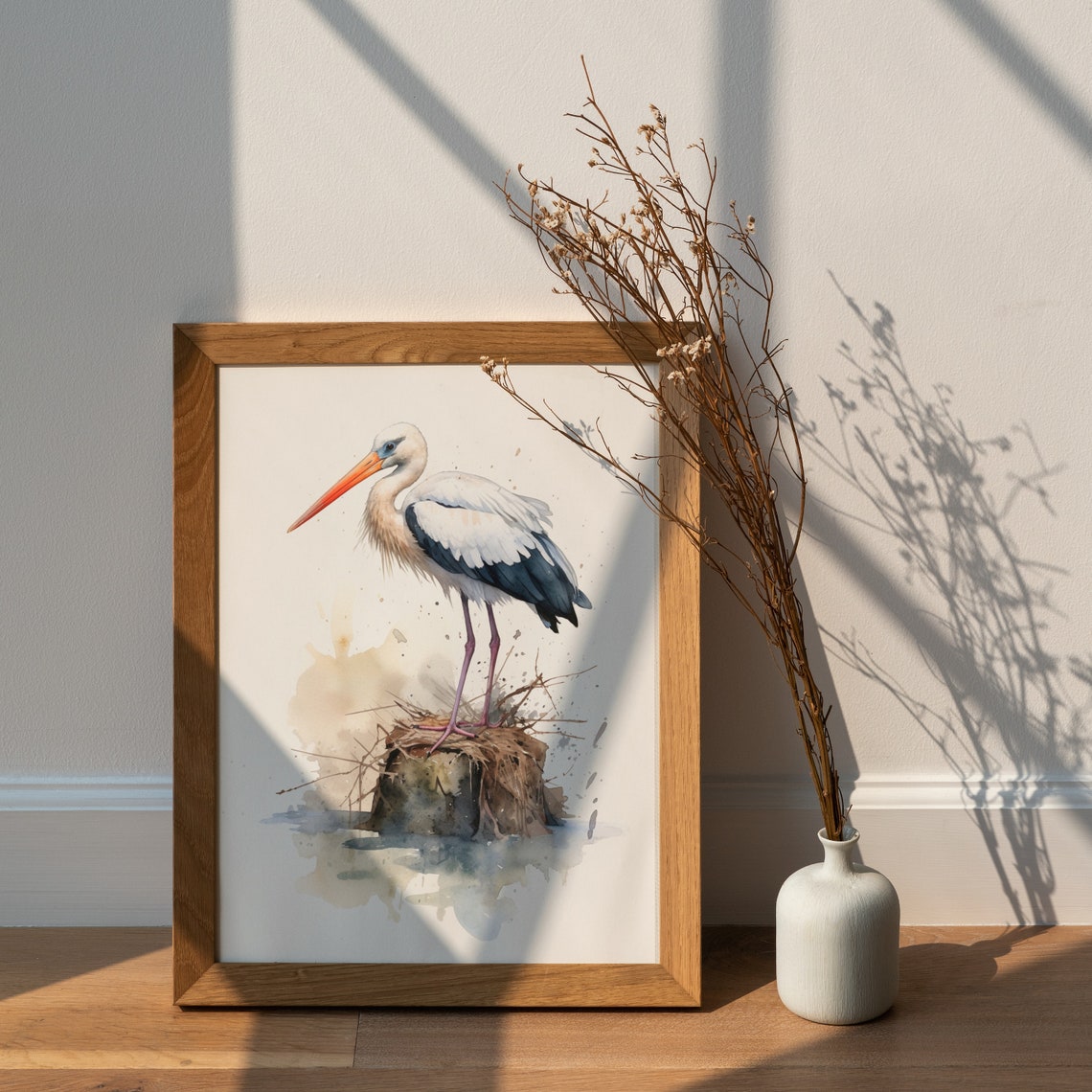 Elegant White Stork Standing on Twiggy Nest Watercolor Bird Poster - Image 2