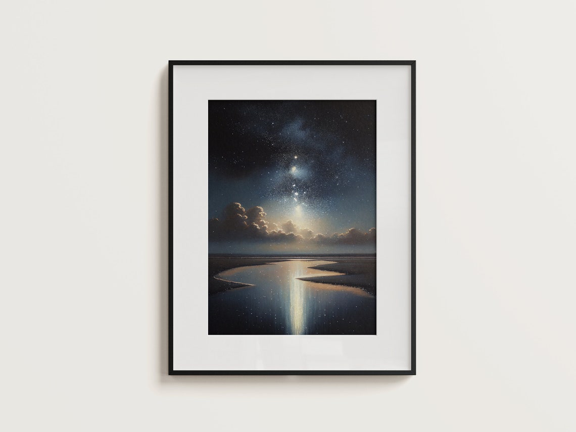 Starry Milky Way Night Sky Over Calm River Landscape Painting Poster - Image 3