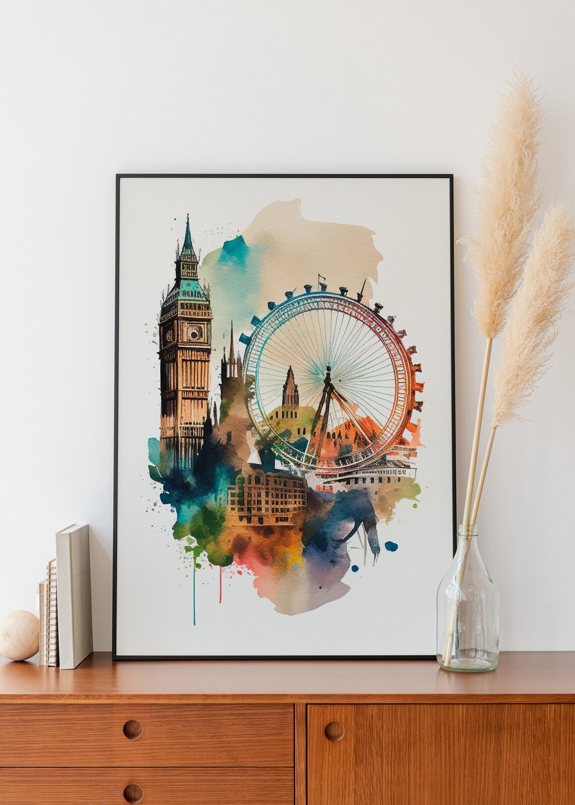 London Skyline Wall Decor Cityscape London Watercolor Skyline London Cityscape Watercolor Wall Art Airbnb Room Decor England Skyline Print