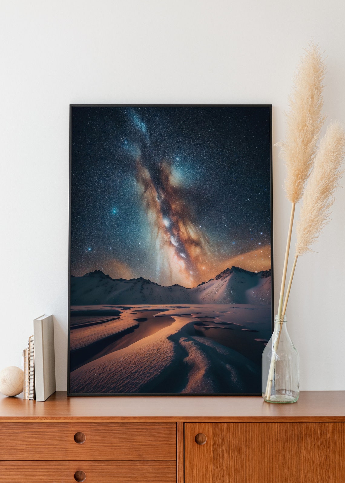 Scenic Milky Way Rising Over Snowy Mountain Valley at Night Poster