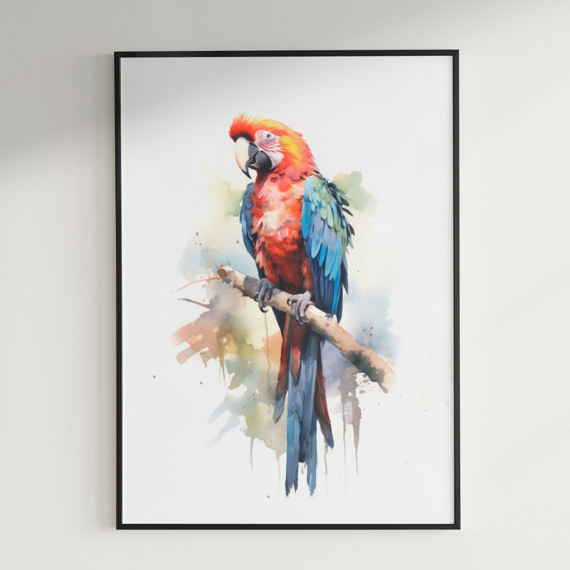 Scarlet Macaw Parrot Perched on Branch Tropical Watercolor Poster - Image 3