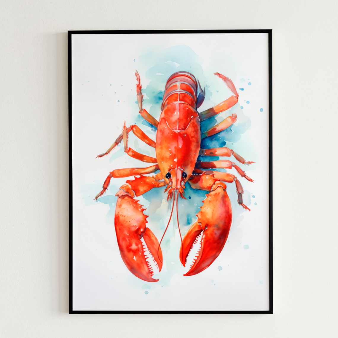Bright Red Lobster Watercolor Coastal Seafood Kitchen Wall Art