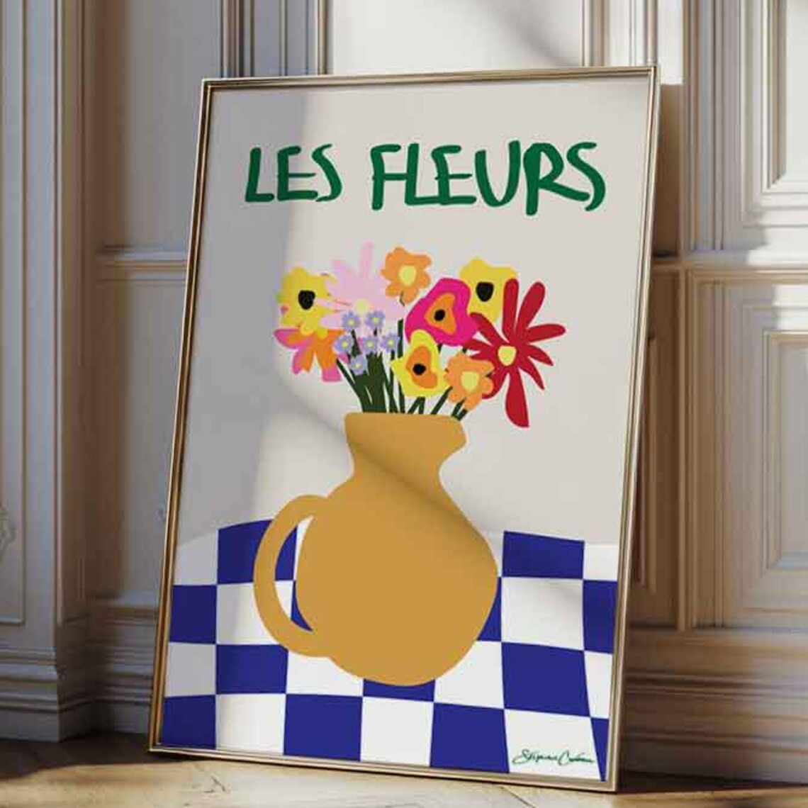 Les Fleurs Checkered Poster, Retro Floral Art Print