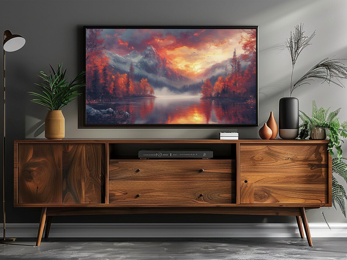 Fiery Autumn Mountain Lake Sunset Red Foliage Landscape Art Print - Image 3