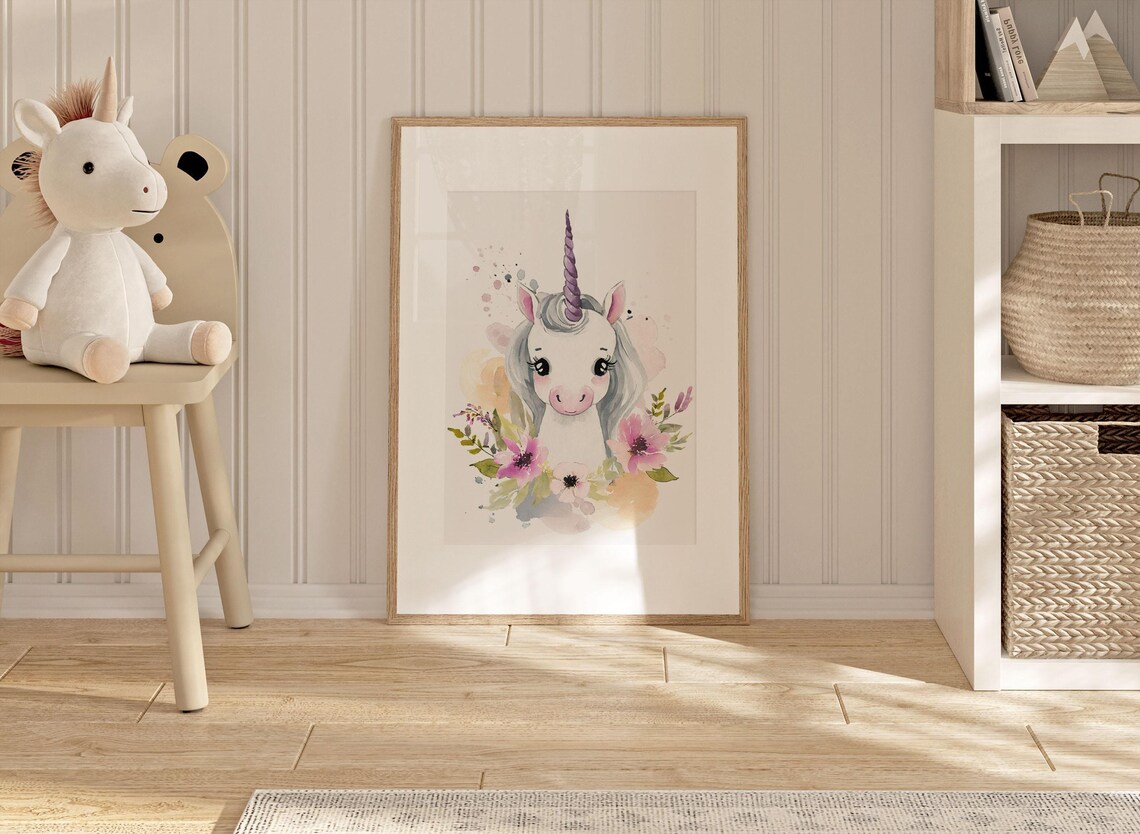 Baby Unicorn With Purple Horn and Pink Flowers Nursery Poster - Image 2