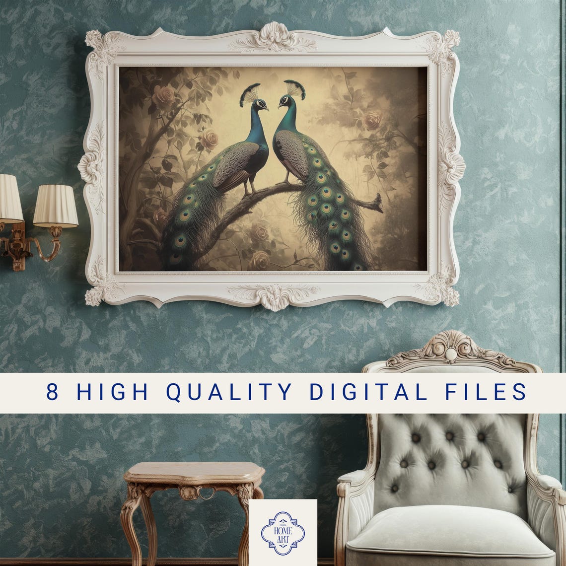 Two Peacocks Branch Dark Moody Antique Gold Feather Wall Art - Image 3