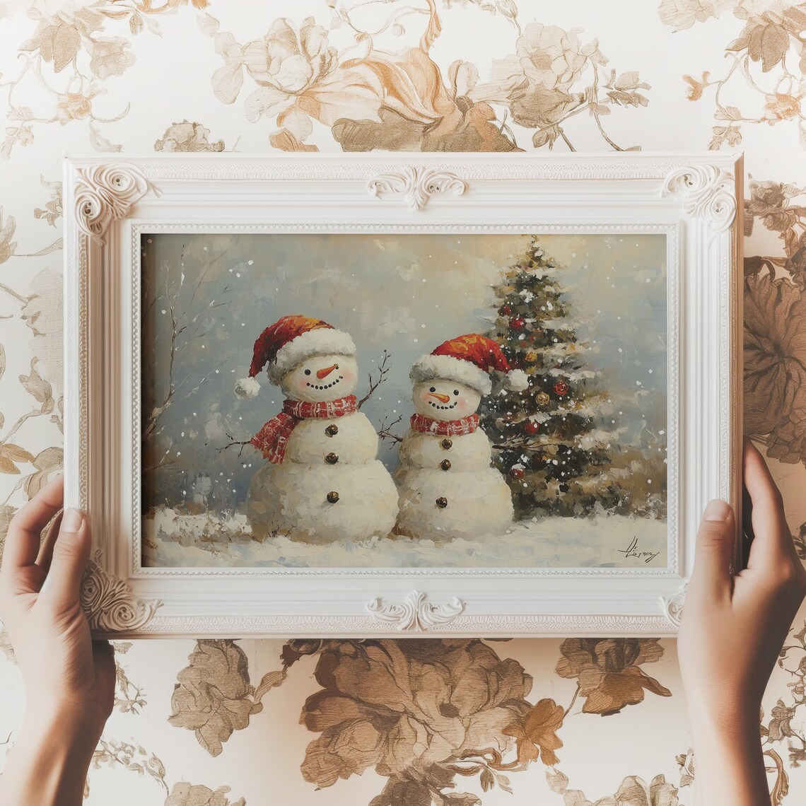 Two Smiling Snowmen in Santa Hats by Christmas Tree Snowy Poster