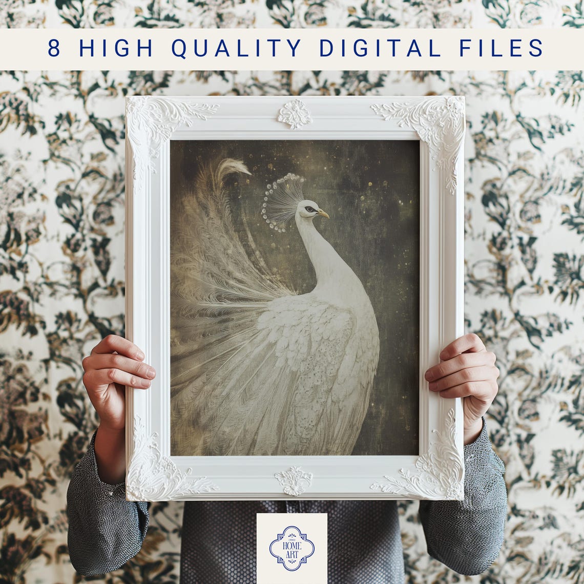 White Peacock with Flowing Tail on Dark Moody Background Art Print - Image 3