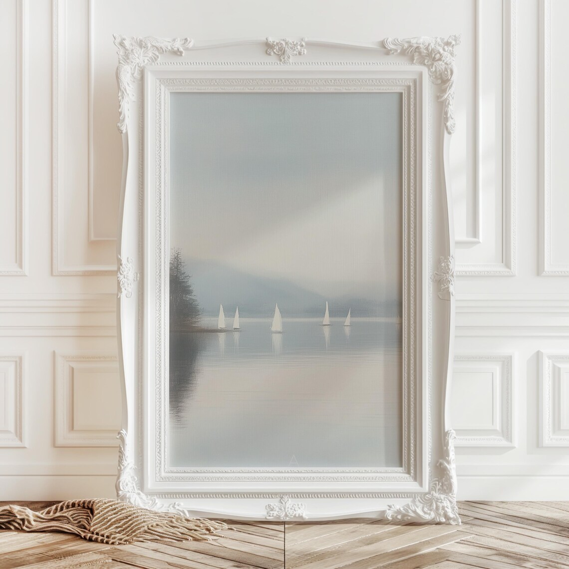 Sailboats Calm Lake Misty Morning Nautical Seascape Art Poster