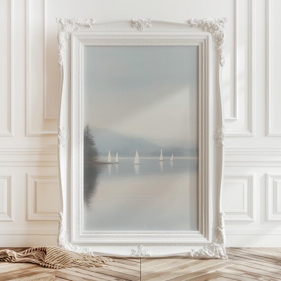 Sailboats Calm Lake Misty Morning Nautical Seascape Art Poster