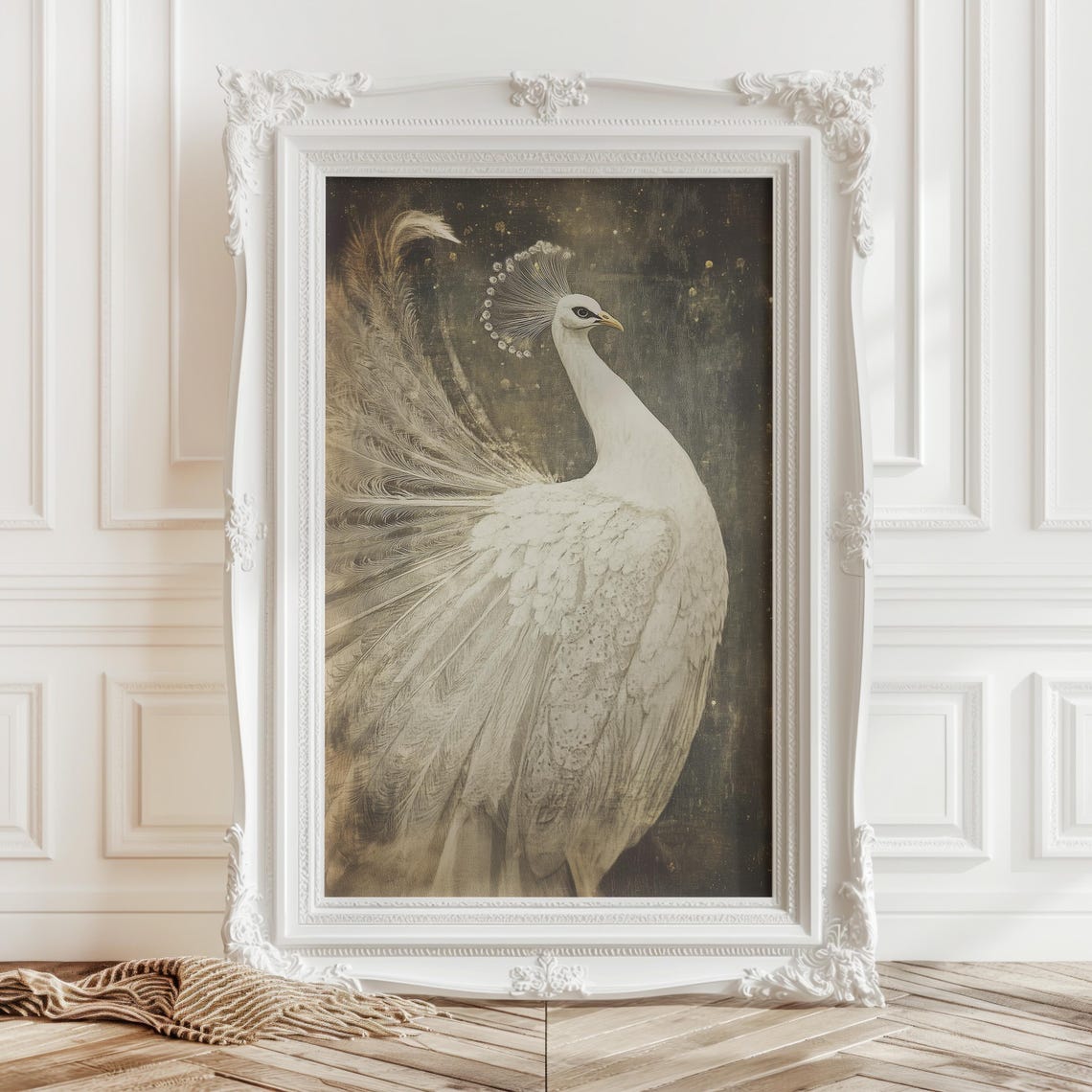 White Peacock with Flowing Tail on Dark Moody Background Art Print