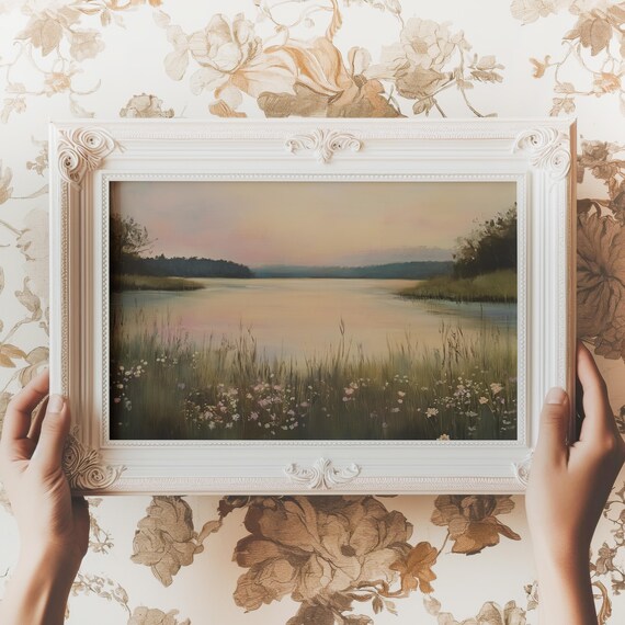 Lake at Dusk with Reeds and Wildflowers Tranquil Painting Print