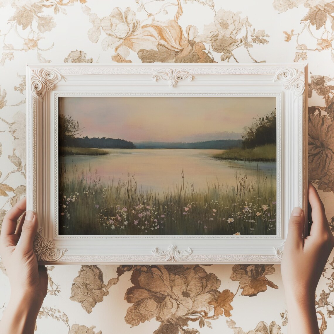 Lake at Dusk with Reeds and Wildflowers Tranquil Painting Print