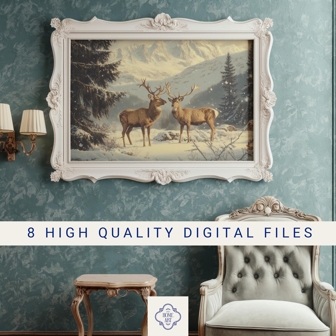 Two Stags in Snowy Mountain Valley Winter Wildlife Landscape Poster - Image 3