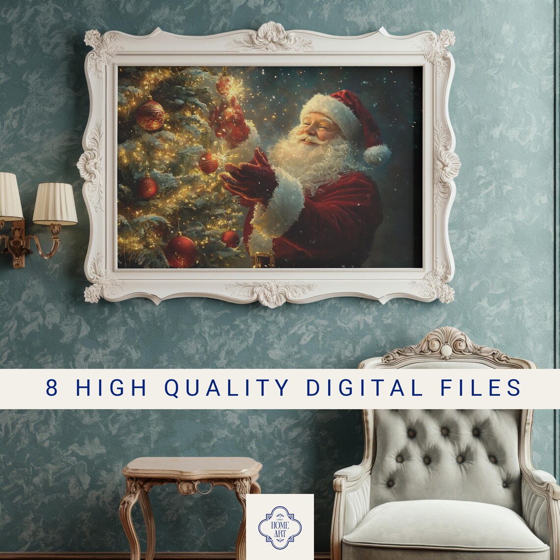 Santa Claus Hanging Glowing Ornament on Christmas Tree Magic Poster - Image 3