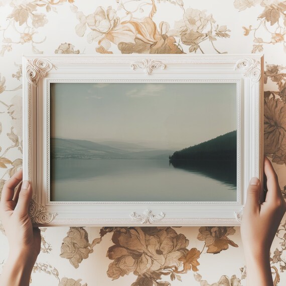 Misty Lake Calm Water Gray Green Minimalist Nature Art Poster