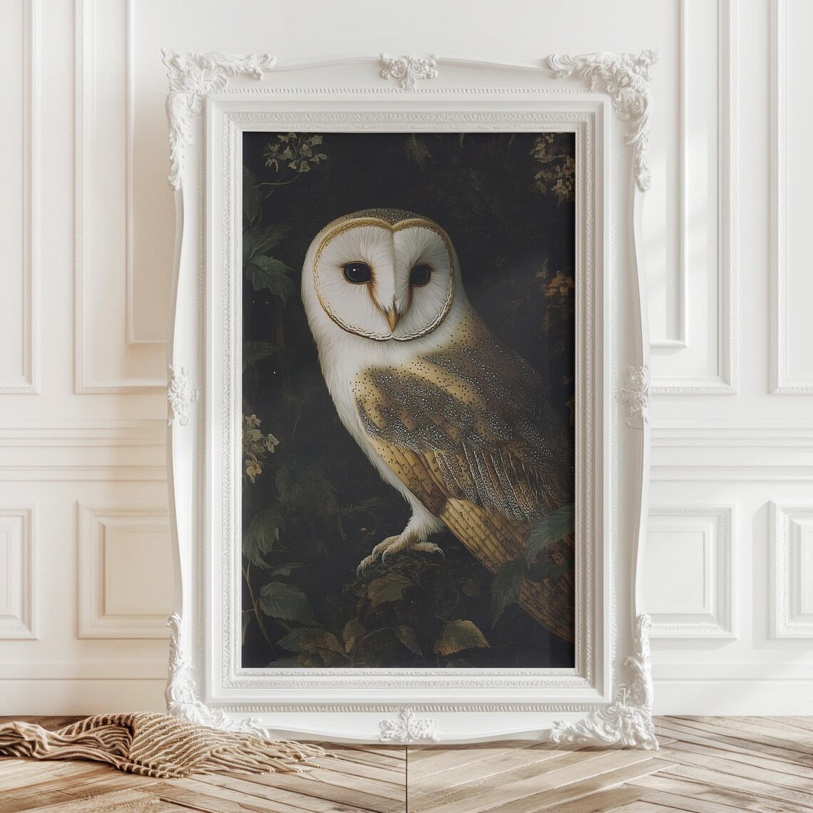 Barn Owl Portrait Against Dark Foliage Realistic Painterly Poster