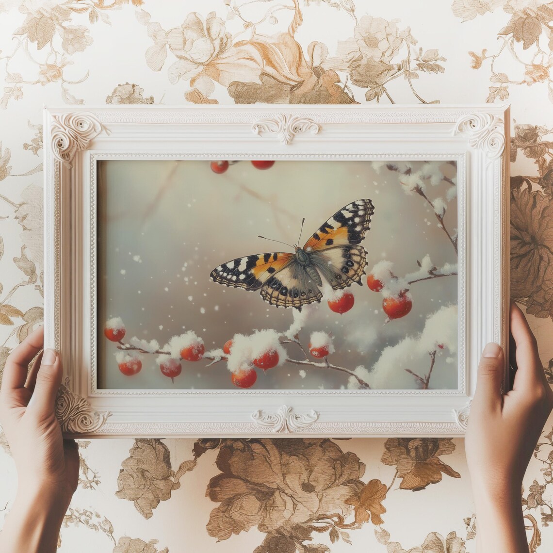 Butterfly On Snowy Winter Berry Branch Seasonal Nature Art Poster