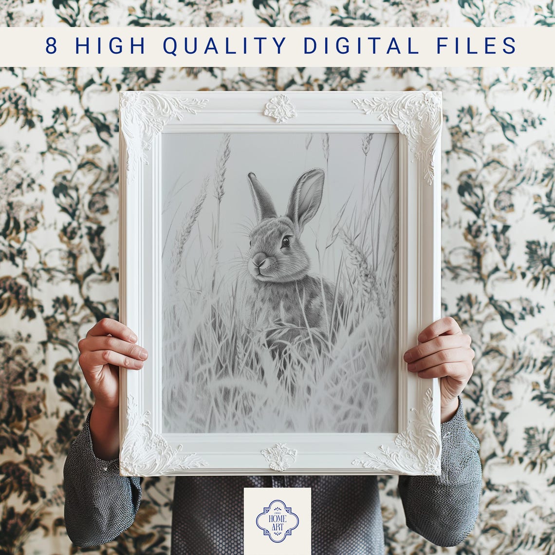 Rabbit in Tall Grass Pencil Sketch Wildlife Drawing Art Print - Image 3