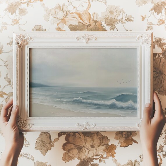Pale Blue Ocean Waves and Sandy Beach Coastal Seascape Painting Print