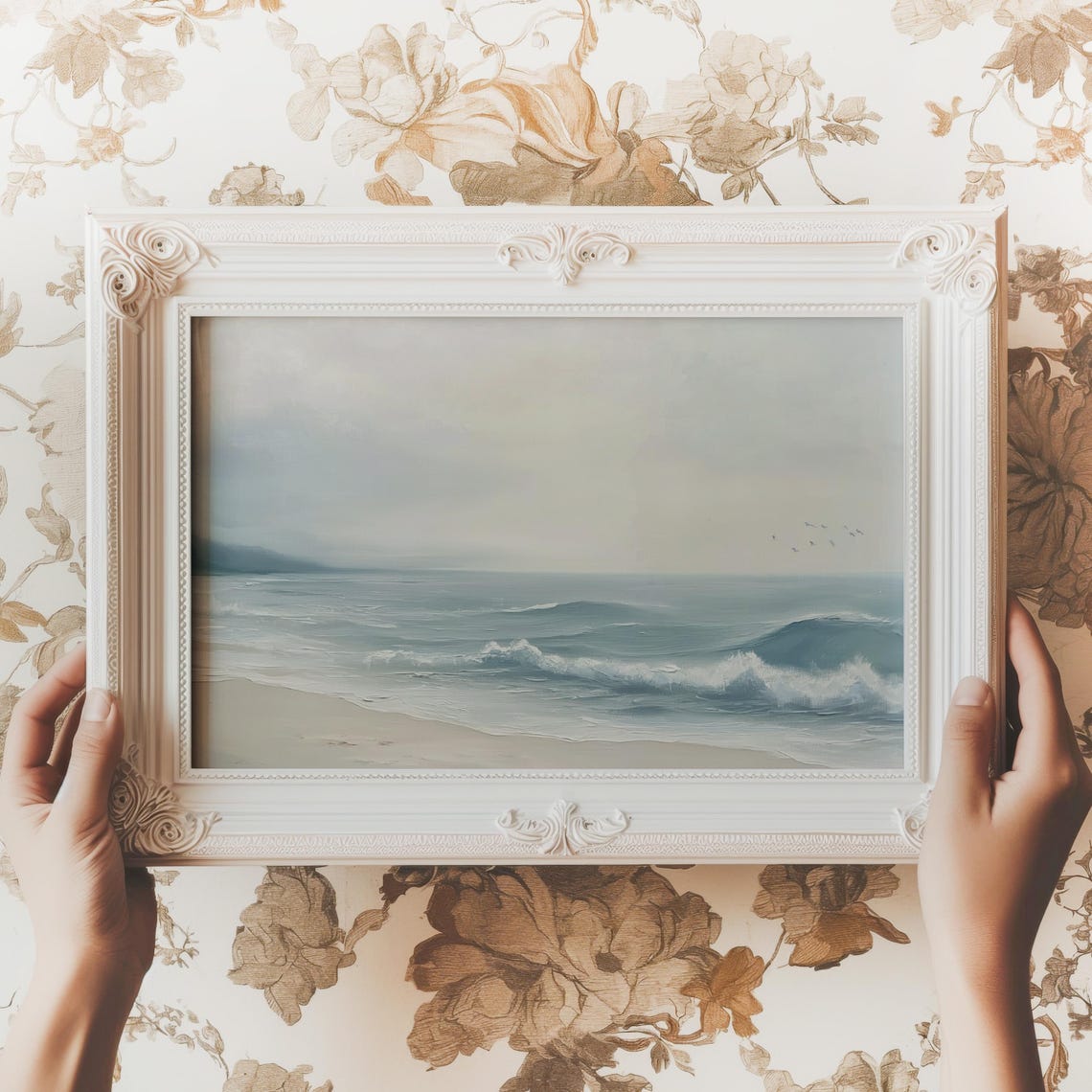 Pale Blue Ocean Waves and Sandy Beach Coastal Seascape Painting Print