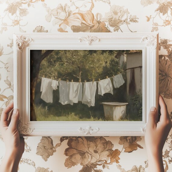 White Linens on Clothesline Garden Vintage Laundry Room Painting Poster